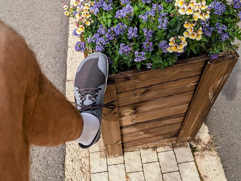 Me wearing brand new Vivobarefoot Primus Light III shoes on stone pavers next to a rustic wooden planter box filled with vibrant purple and cream-colored pansies