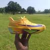 Yellow-orange Nike Zoom Fly 6 running shoe held up against a sunny green park landscape.