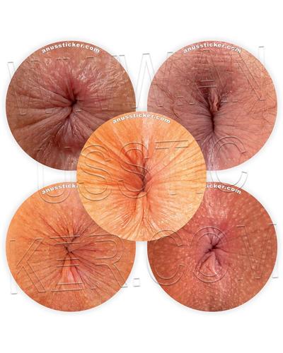 Five round stickers with close-up photos of an anus in different skin tones, overlapping on a white background.