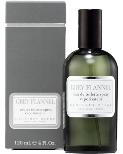 A dark green glass bottle of Geoffrey Beene Grey Flannel eau de toilette with a black cap and white label, in front of its grey box.