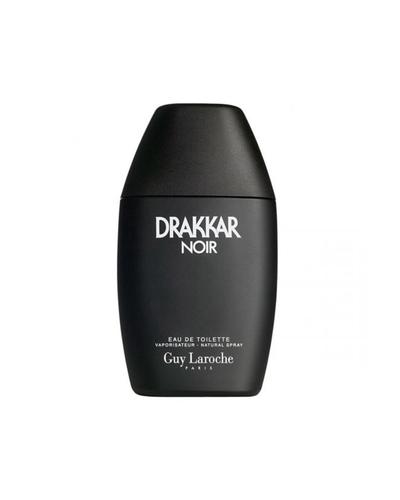 A matte black Guy Laroche Drakkar Noir eau de toilette bottle with white lettering, on a white background.