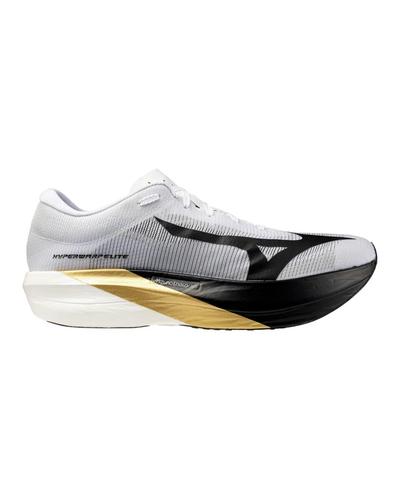 Side view of a white Mizuno Hyperwarp Elite racing shoe with a black Mizuno logo and a thick white, gold and black midsole.
