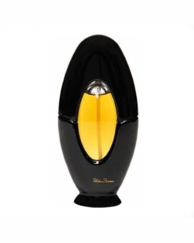 An oval black Paloma Picasso perfume bottle with a golden-yellow window in the middle, on a white background.