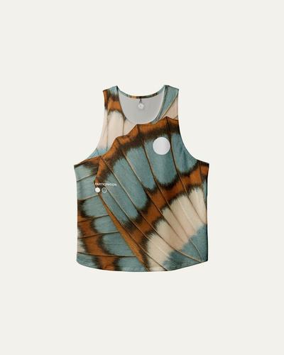 A running singlet printed with a close-up of a butterfly wing in teal, rust and cream, with a white circle on the chest.