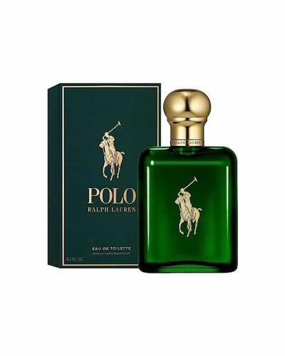 A green glass bottle of Ralph Lauren Polo eau de toilette with a gold cap and polo player logo, next to its dark green box.