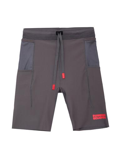 Dark grey running tights with mesh side pockets, a drawstring with red tips and a red Running Religion logo on the leg.