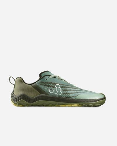 Side view of a sage-green Vivobarefoot Primus Trail Flow barefoot trail shoe with a thin dark green sole and a white hexagon logo.